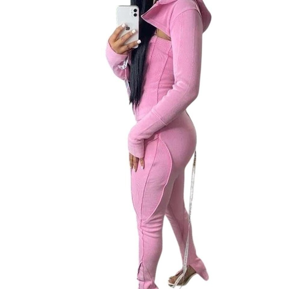 Hidden Cult Pink Ribbed 3 Piece Set Cropped Hoodie Camisole Leggings Split Hem